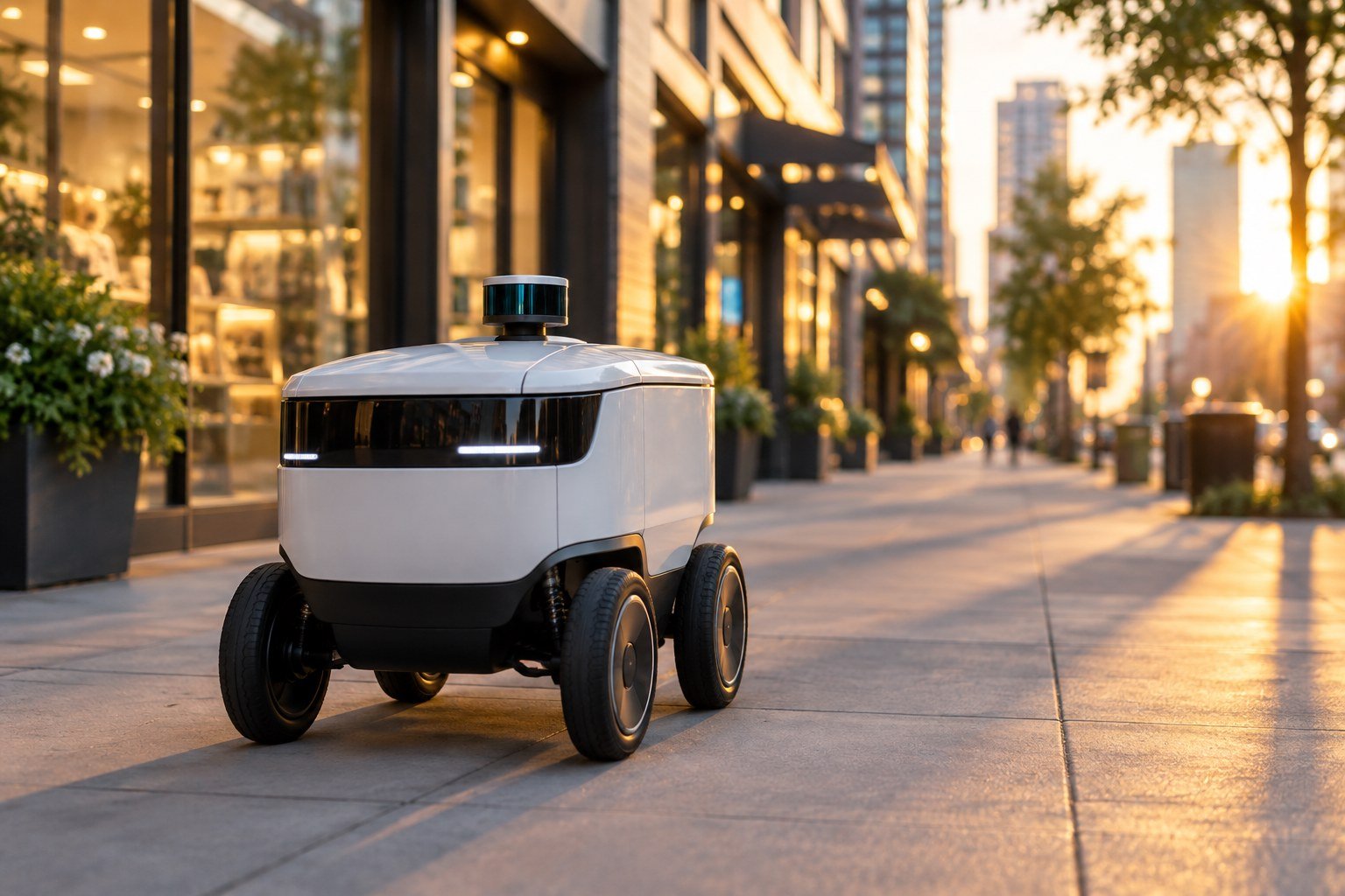 Autonomous sidewalk delivery robot rolling down a city street at sunset